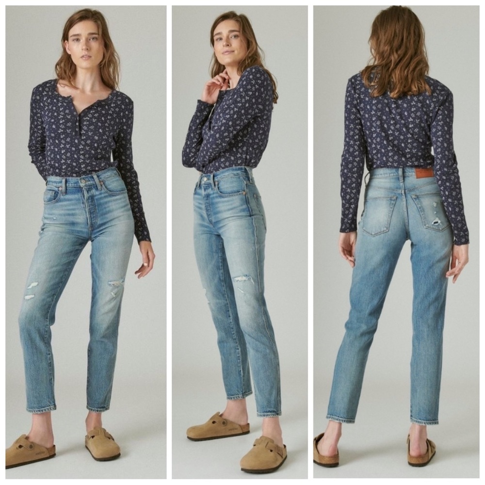 •LUCKY BRAND•High Rise Straight Leg Drew Mom Jean Red Carpet Dest Wash Size 8/29